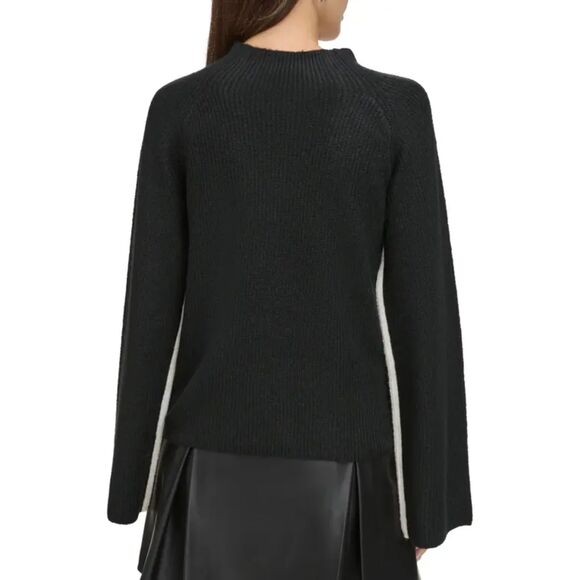 DKNY Colorblock Funnel Neck Sweater Black & Tan Fuzzy Vented Sleeves Size Medium - Picture 2 of 9